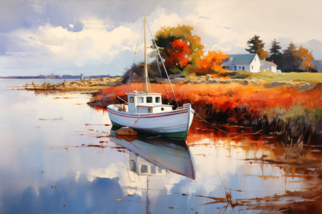 2307248 - An der Küste | Bestellen Sie dieses digitale Gemälde eines kleinen weissen Fischerbootes an einer idyllischen Küstenlandschaft als hochwertigen Kunstruck auf Leinwand, Acrylglas, Alu-Dibond oder als Poster.