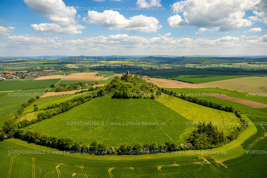 Warburg240504956BurgDesenberg | Luftbild, Burg Desenberg auf einem Vulkankegel, historische Sehenswürdigkeit, Ruine einer Höhenburg in der Warburger Börde, Baumallee im Halbkreis, Wiesen und Felder mit Fernsicht und blauem Himmel mit Wolken, Daseburg, Warburg, Ostwestfalen, Nordrhein-Westfalen, Deutschland
