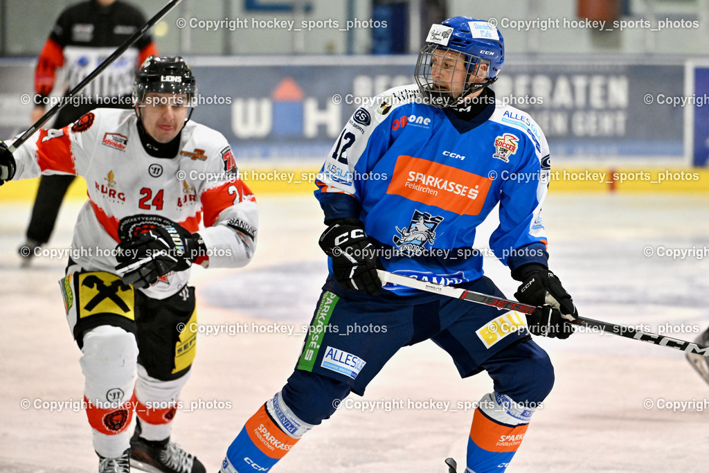ESC SPARKASSE STEINDORF vs. EV ZELTWEG MURTAL LIONS | #12 Cimzar Tadej ESC Steindorf, #24 Grüneis Michael EV ZELTWEG MURTAL LIONS, ESC SPARKASSE STEINDORF vs. EV ZELTWEG MURTAL LIONS, ESC SPARKASSE STEINDORF vs. EV ZELTWEG MURTAL LIONS am 27.12.2025 in Steindorf (Ossiachersee Halle), Austria, (Photo by Bernd Stefan)