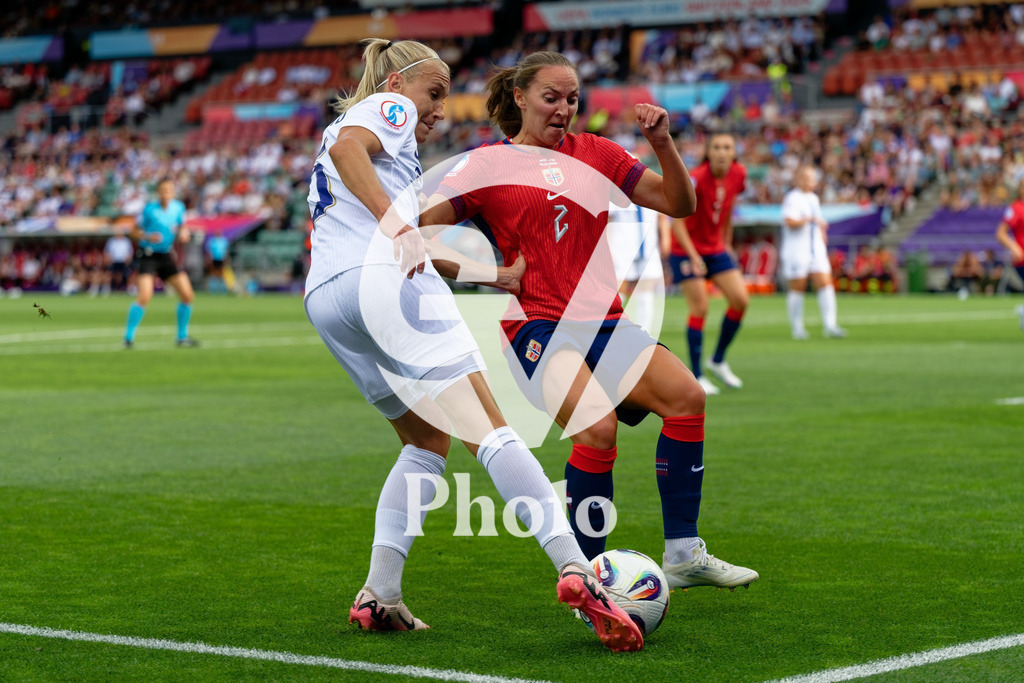 Norway v Finland - UEFA Women's EURO 2025 Group A | SION, SWITZERLAND - JULY 6: Emma Koivisto of Finland (L)  fight for possession Marit Bratberg Lund of Norway (R)   during the UEFA Womens EURO 2025 Group A match between Norway and Finland at Stade de Tourbillon on July 6, 2025 in Sion, Switzerland. (Photo by Giuseppe Velletri/Sports Press Photo/Getty Images)