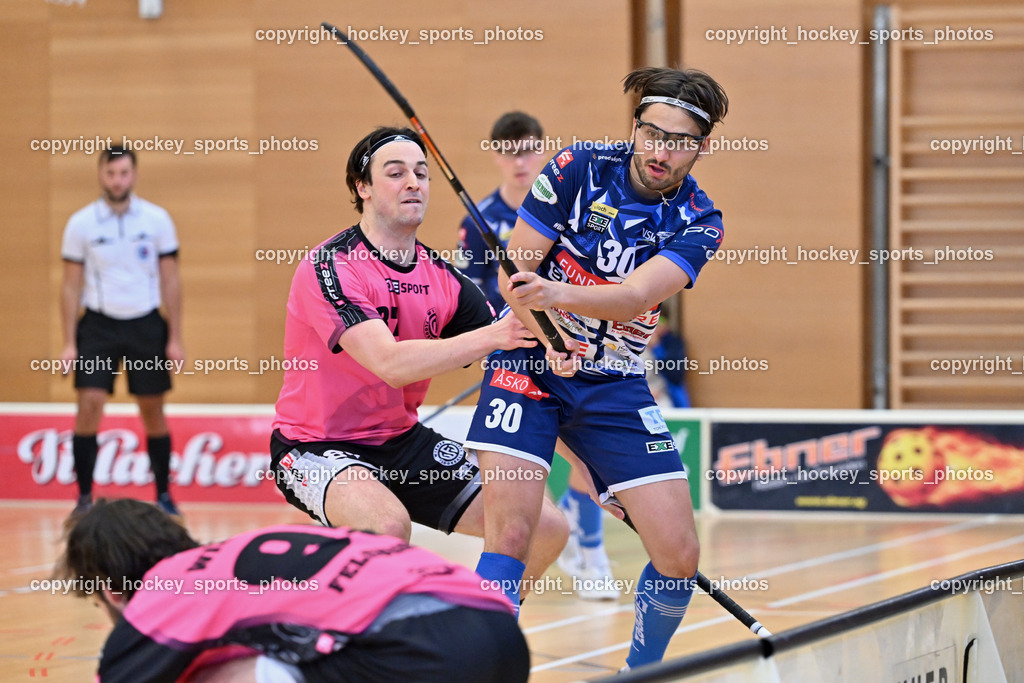VSV Unihockey vs. Wiener Floorball Verein | #87 Christian Lindquist Wiener Floorballverein, #30 Christoph Steiner VSV Unihockey, VSV Unihockey vs. Wiener Floorball Verein, VSV Unihockey vs. Wiener Floorball Verein am 18.05.2025 in Villach (Ballspielhalle St. Martin), Austria, (Photo by Bernd Stefan)