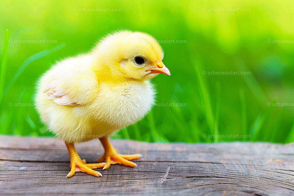 Small Yellow Chic On Wood With Gras Background | A charming, close-up canvas of a fluffy yellow chick standing on a wooden surface with a vibrant green grass background. Perfect for adding warmth and cheer to any space, this piece is ideal for animal lovers and fans of cute, rustic decor. - Realisiert mit Pictrs.com