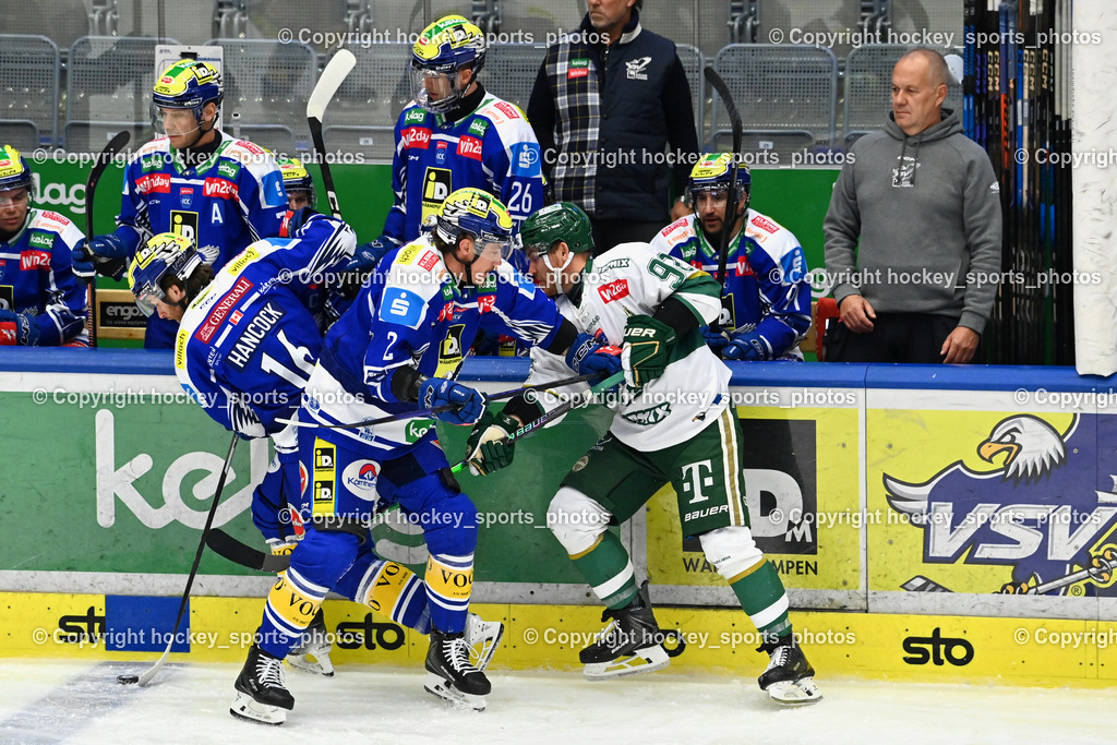 EC IDM WÄRMEPUMPEN VSV vs. FTC-TELEKOM JÉGKORONG | #16 Kevin Hancock EC VSV, #2 Dylan MacPherson EC VSV, #92 Jussi Tammela FTC-Telekom, EC IDM WÄRMEPUMPEN VSV vs. FTC-TELEKOM JÉGKORONG, EC IDM WÄRMEPUMPEN VSV vs. FTC-TELEKOM JÉGKORONG am 19.10.2025 in Villach (Stadthalle Villach), Austria, (Photo by Bernd Stefan)