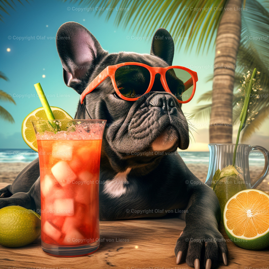 Mops mit Sonnenbrille | Hund mit Drink am Strand