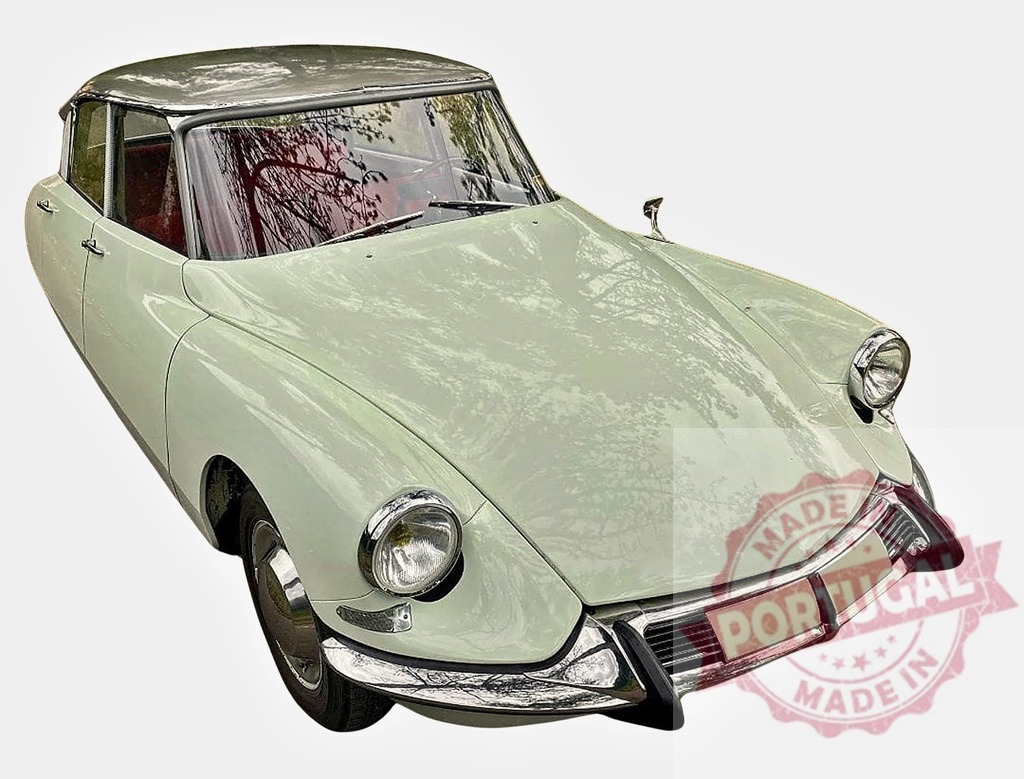 Citroën DS Pallas reflecting trees parked on white background | Classic Citroën DS Pallas with trees reflecting on its light green paint - Realized with Pictrs.com