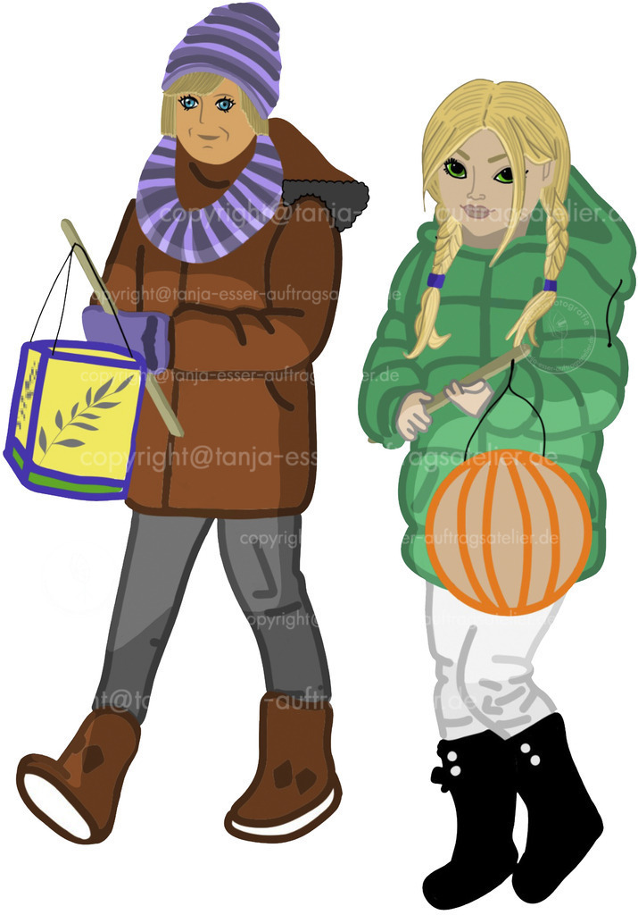 Zwei Maedchen Laternen 2 cel shadet D | Zwei Mädchen halten Laternen. Sie gehen zum Fackelzug zu dem Sankt Martin Fest. Die Laternen werfen Lichter auf die Kinder. 