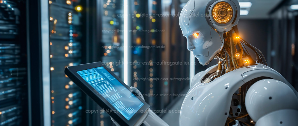 Roboter Server D | KI Bild: KI - ein humanoider Roboter der nächsten Generation programmiert sich selbst. Er greift auf die Ressourcen in einem Server Raum zu, wo er selbständig lernt. Roboter mit Tablet vor unscharfem Server Raum. Autonome KI.