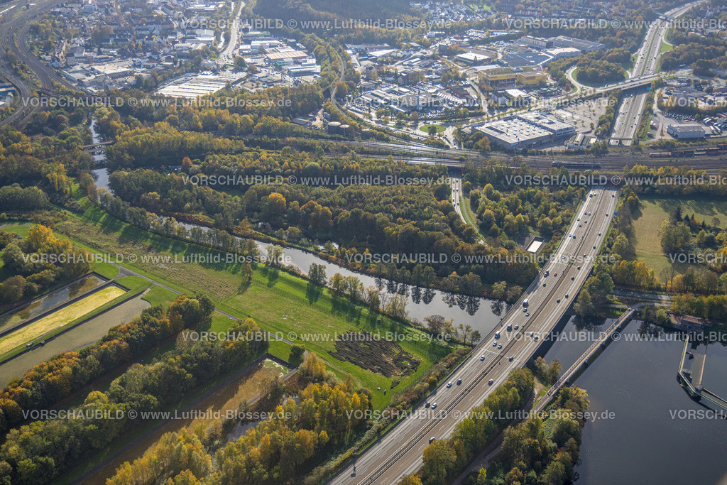 Herdecke221017019 | Luftbild, neue Radbrücke, Autobahn A1, Volme Mündung, Fluss Ruhr, Wehr Stiftsmühle, Boele, Hagen, Ruhrgebiet, Nordrhein-Westfalen, Deutschland