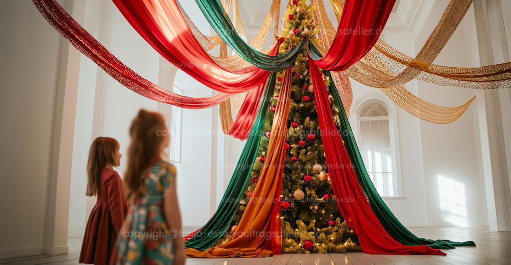 Stoff Weihnachtsbaum D | Fotorealistisches KI Bild zeigt: Stoffbahnen hängen von der Decke eines weißen historischen Gebäudes und bilden einen Baldachin. Darunter ist ein Weihnachtsbaum. 2 Kinder stehen am Eingang und staunen. Die Sonne scheint durch ein Fenster.