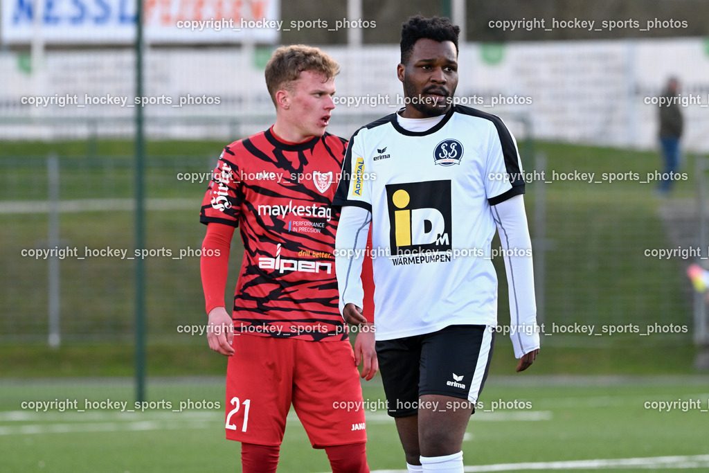 SV Spittal 1921 vs. ATUS Ferlach 24.3.2024 | #21 Marjan Ogris-Martic ATUS Ferlach, #8 Rashidi Mohamed Udikaluka SV Spittal, SV Spittal 1921 vs. ATUS Ferlach 24.3.2024, SV Spittal 1921 vs. ATUS Ferlach am 24.03.2024 in Spittal an der Drau (Goldeck Stadion), Austria, (Photo by Bernd Stefan)