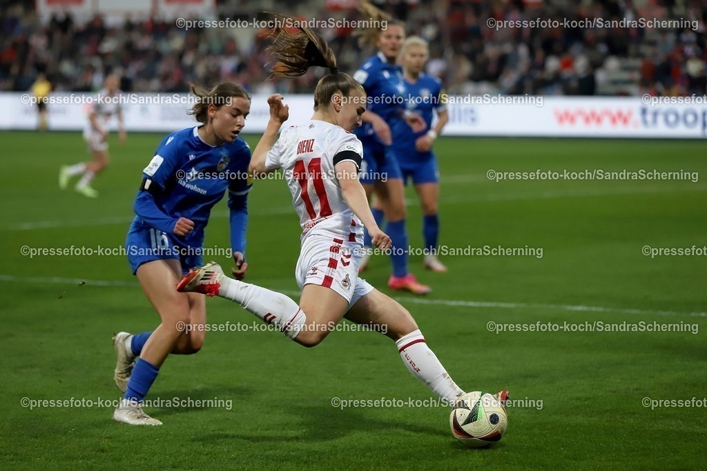 xSSC28032501010 | 28.03.2025, xsscx, Frauen Fußball, 1. FC Köln - FC Carl Zeiss Jena, 1. Fußball Bundesliga, Franz-Kremer-Stadion, Saison 2024 2025: Lisa Gora (FC Carl Zeiss Jena 16) im Zweikampf gegen Alena Bienz (1. FC Köln 11) DFB regulations prohibit any use of photographs as image sequences and or quasi-video.