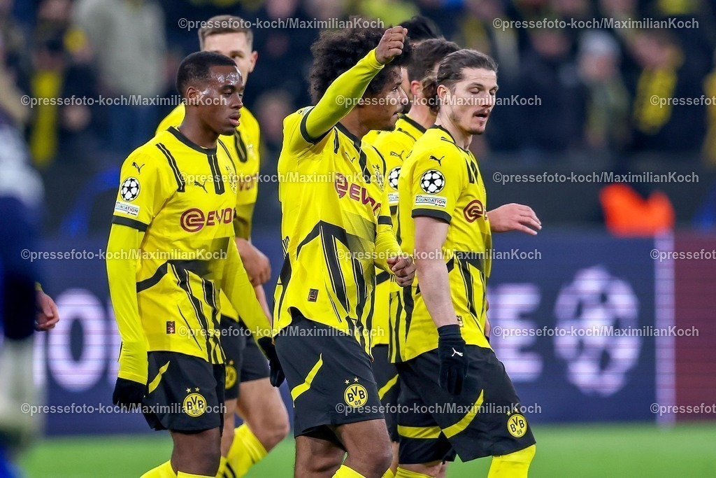 UCL04032501006 | 04.03.2025, Fußball, UEFA Champions League, Borussia Dortmund - OSC Lille, Signal Iduna Park, Runde der 16, Saison 2024 2025: Torjubel nach dem 1:0 durch Torschütze Karim Adeyemi (BVB #27)