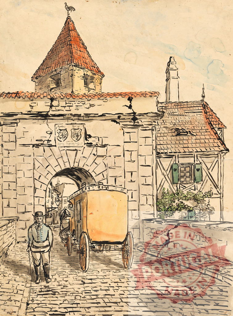 Egon Schiele Historical town gate with horse carriage and pedestrian man | Watercolor painting illustrating a historical town gate with a horse carriage and a man walking on cobblestones - Realisiert mit Pictrs.com