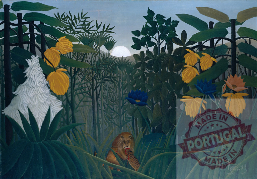 Henri Rousseau Repast of the Lion jungle painting. Henri Rousseau | Lion feasting on its prey in a vibrant, exotic jungle at sunset with lush vegetation - Realisiert mit Pictrs.com