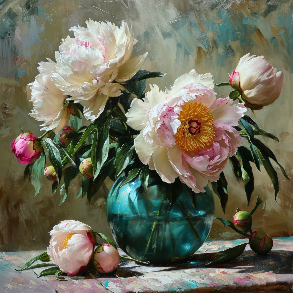 2402002 - Pfingstrosen | Ein schöner Blumenstrauß aus Pfingstrosen im Stil eines Gemäldes.