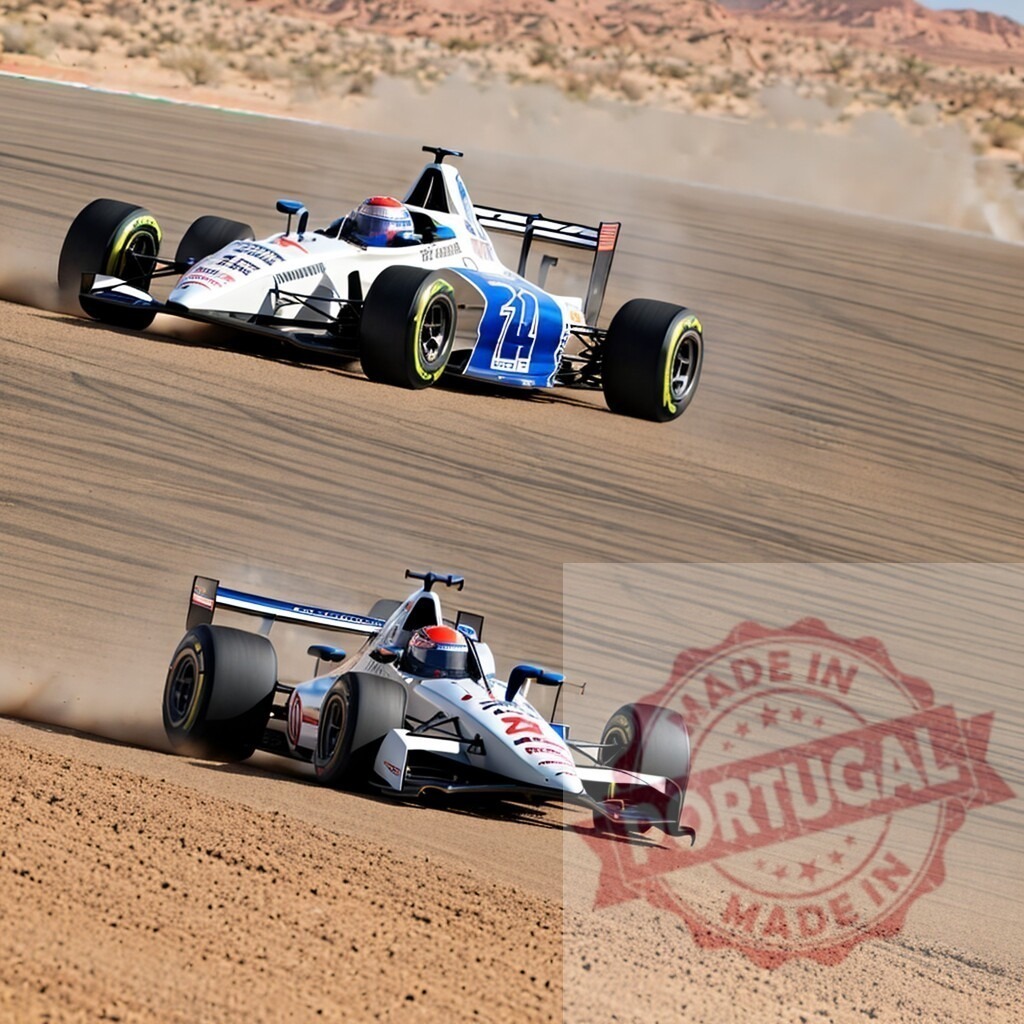 Two IndyCar race cars speeding on desert racetrack. AI Experiments | Two open-wheel race cars competing on a challenging track in a desert environment - Realized with Pictrs.com