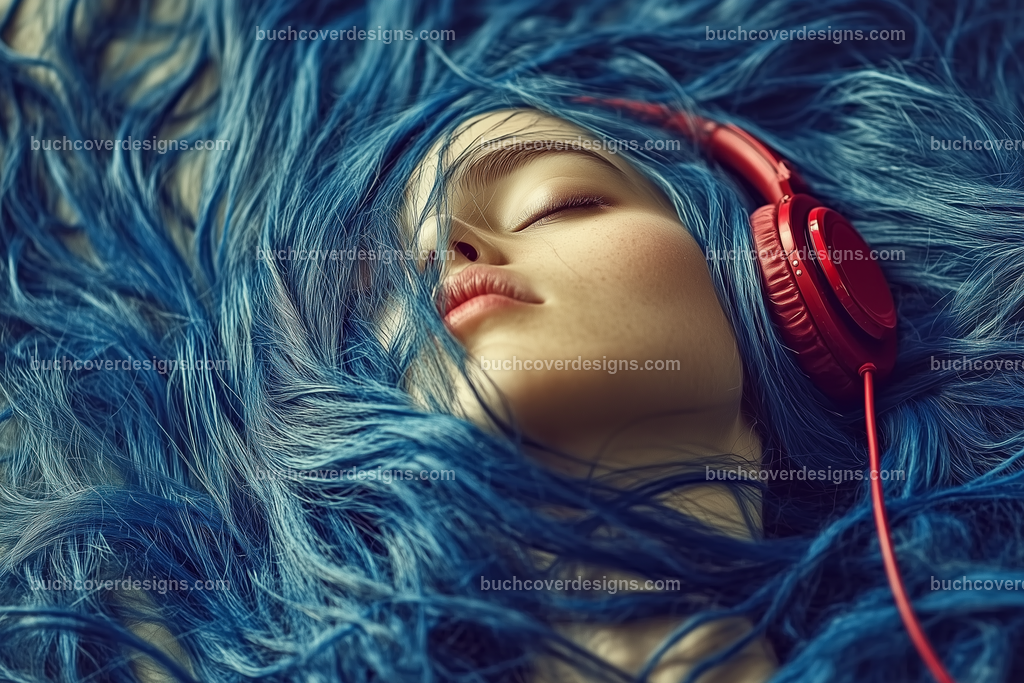 Gesicht einer Frau mit Kopfhörer (74) | face with blue colored hairs spread over the entire surface of the image, with a red headphone - close up - studio light - true strong colors - high detail --chaos 5 --ar 3:2 --stylize 50 --weird 200 --v 6.1 Job ID: 3622917c-cce3-4165-97c1-7b68fc98be78