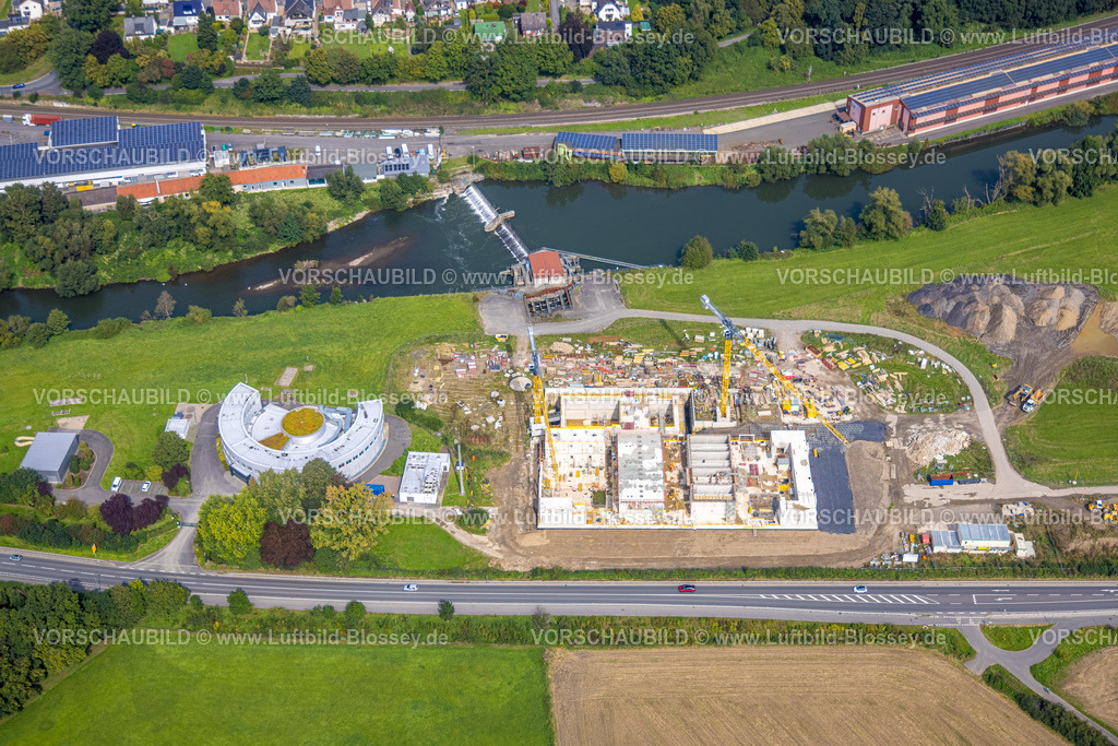 Froendenberg230902086 | Luftbild, Wasserwerke Westfalen GmbH am Fluss Ruhr, Baustelle mit Neubau, Halingen, Menden, Ruhrgebiet, Nordrhein-Westfalen, Deutschland
