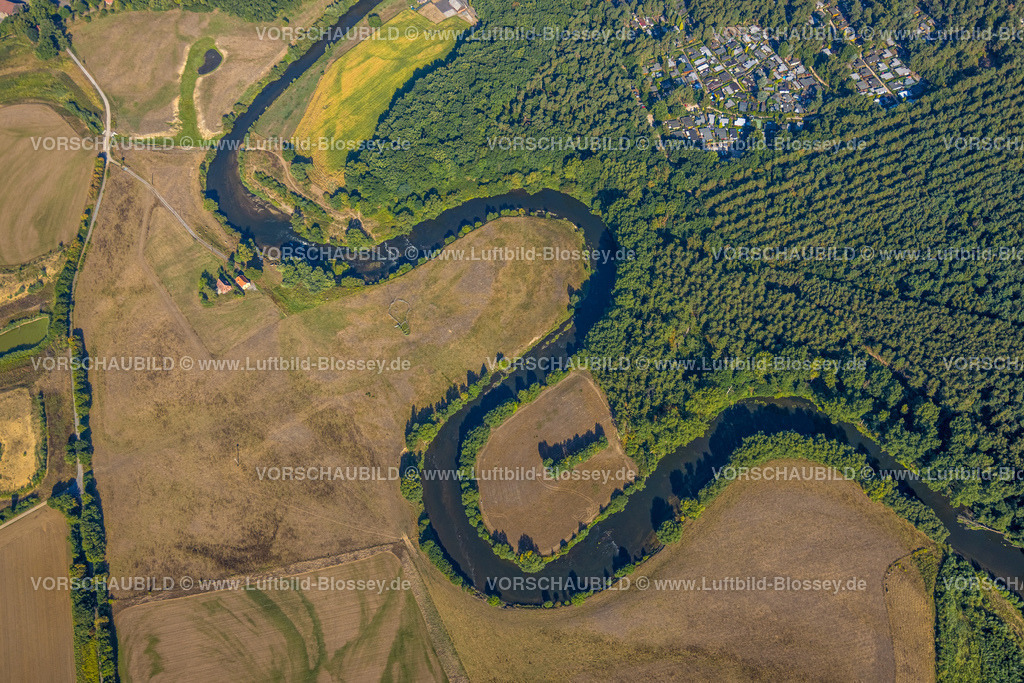 Olfen220805788LippeVogelsang | Luftbild, Fluss Lippe Mäander, Lippeschleife, Fluss- und Auenentwicklung der Lippe Vogelsang, Renaturierung, Stadtgrenze Olfen-Datteln, Olfen-Kirchspiel, Olfen, Ruhrgebiet, Nordrhein-Westfalen, Deutschland