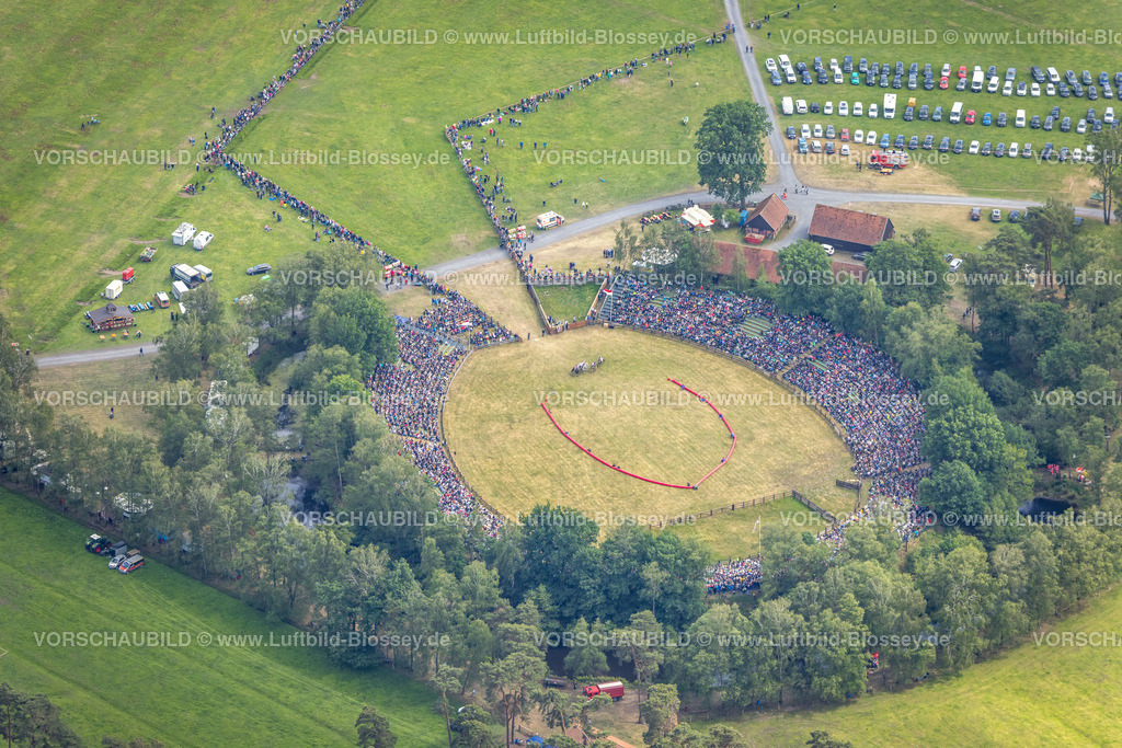 Duelmen220505007MerfelderBruchPferde | Luftbild, Wildpferdefang im Merfelder Bruch bei Dülmen, Arena der Wildpferdebahn, Herzöge von Croÿ Anwesen, Pferdeherde,  Merfeld, Dülmen, Münsterland, Nordrhein-Westfalen, Deutschland