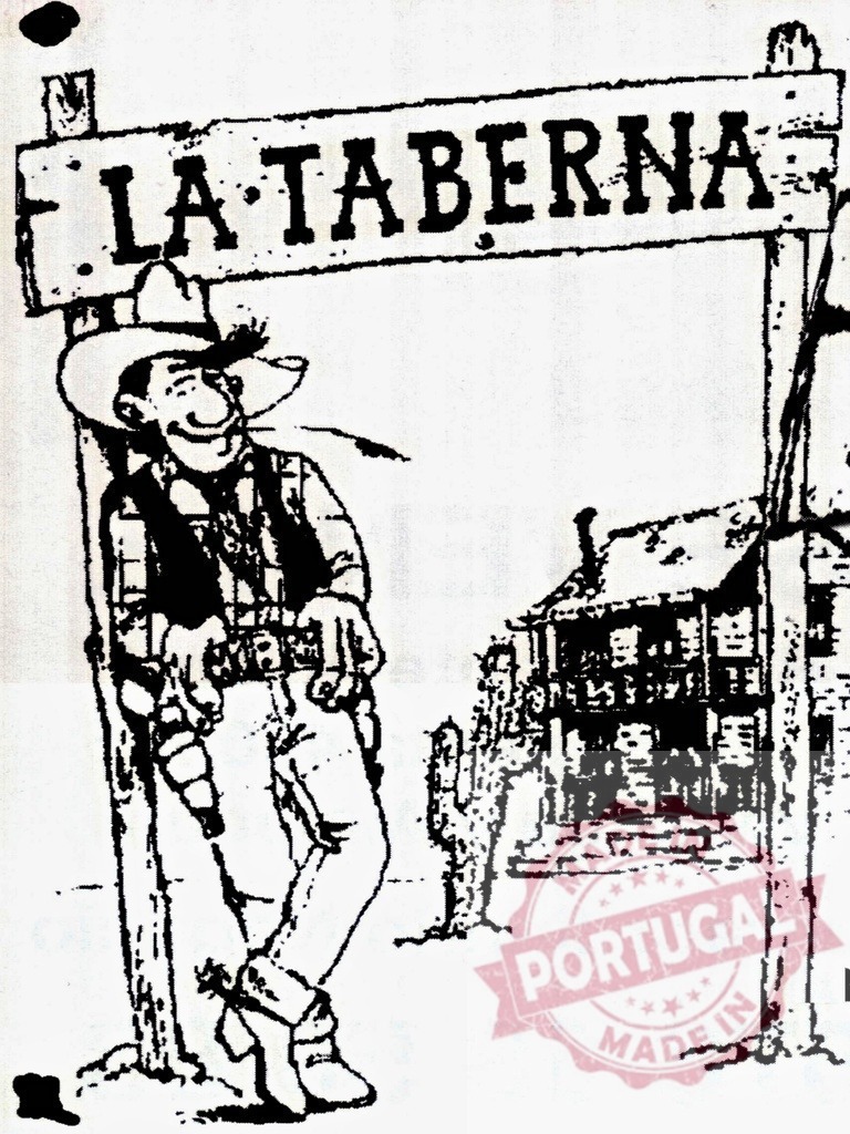 Cowboy smoking and relaxing near la taberna sign | Cowboy with guns and hat smoking and relaxing near la taberna sign in a western landscape - Realisiert mit Pictrs.com