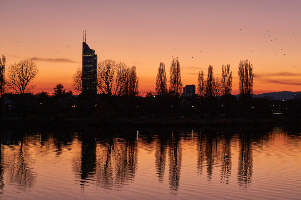 Blick über die Donau auf den Florido Tower im Abendlicht | Wien, Austria - November 23, 2021: Blick über die Donau auf den Florido Tower im Abendlicht. - Realisiert mit Pictrs.com