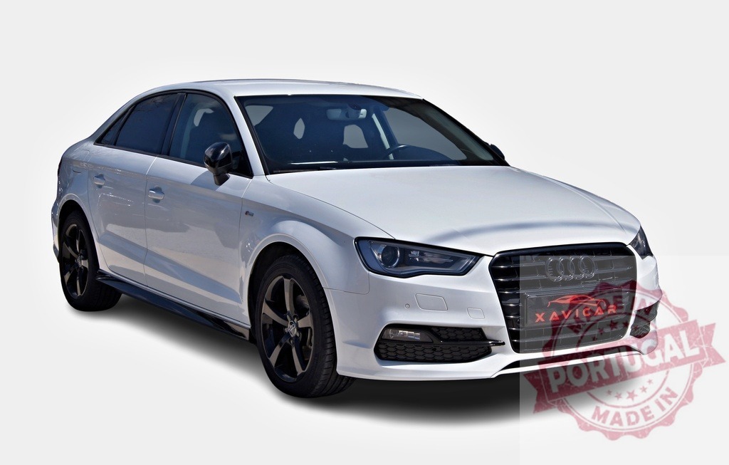 White Audi A3 Sedan with Black Wheels Parked on White Background | Modern white Audi A3 sedan showcasing its sleek design and black alloy wheels - Realisiert mit Pictrs.com