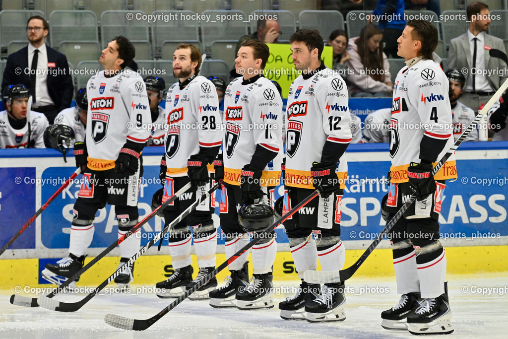 EC IDM Wärmepumpen VSV vs. Pioneers Vorarlberg | Starting Six Pioneers Vorarlberg, #4 Ramon Schnetzer Pioneers Vorarlberg, #12 Cole Gallant Pioneers Vorarlberg, #17 Collin Adams Pioneers Vorarlberg, , #28 Louie Roehl Pioneers Vorarlberg, #9 Nathan Burke Pioneers Vorarlberg, EC IDM Wärmepumpen VSV vs. Pioneers Vorarlberg, EC IDM WÄRMEPUMPEN VSV vs. Pioneers Vorarlberg am 03.10.2025 in Villach (Stadthalle Villach), Austria, (Photo by Bernd Stefan)