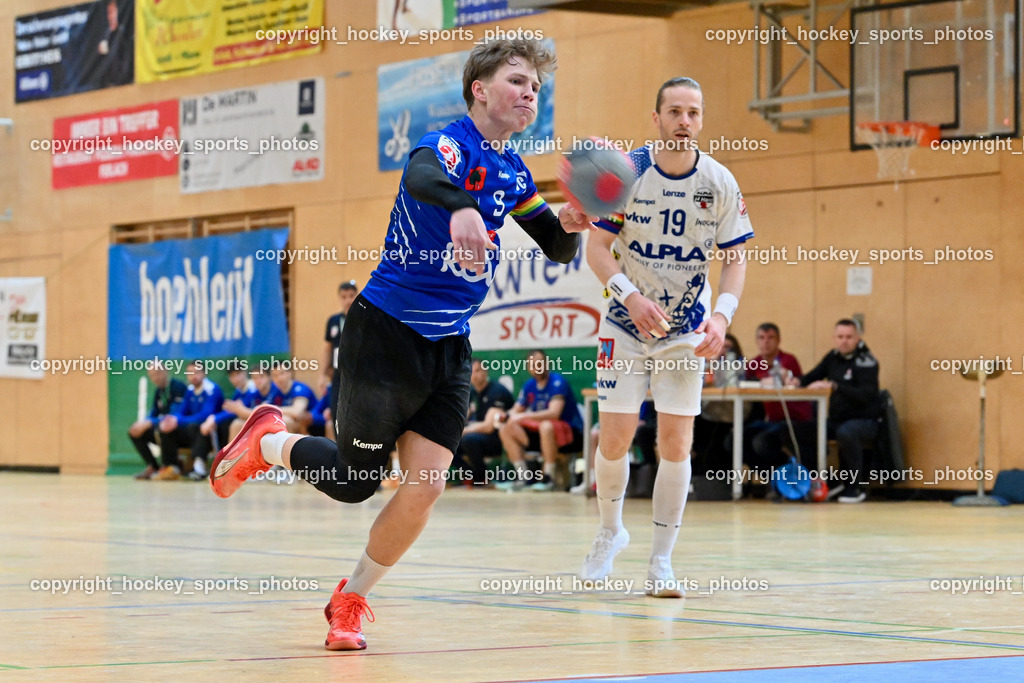 SC Ferlach vs. ALPLA HC Hard | #9 SAGER Nico SC Ferlach,#19 SCHNABL Nico SC Hard, SC Ferlach vs. ALPLA HC Hard, SC Ferlach vs. ALPLA HC Hard am 05.04.2025 in Ferlach (Ballspielhalle Ferlach), Austria, (Photo by Bernd Stefan)