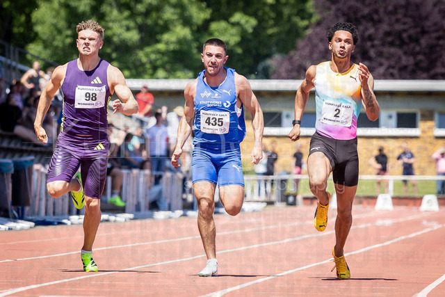 B&amp;S Kurpfalz Gala; Weinheim, 23.05.2026 | WEINHEIM, GERMANY - MAY 24: Jakob Kemminer (GER/LAC Quelle Fürth), Deniz Almas (GER/TV Wattenscheid 01) and Joshua Hartmann (GER/ASV Köln e. V.) in the 100m heats during the B&amp;S Kurpfalz Gala am 23.05.2026 at the  Sepp-Herberger-Stadium in Weinheim (Baden-Wuerttemberg / Germany).