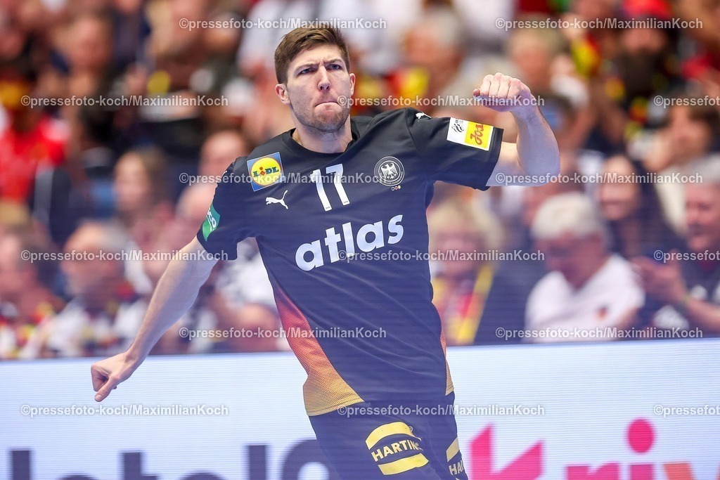 EHF19012602049 | 19.01.2026, Handball, Men's EHF EURO 2026, Deutschland - Spanien, Jyske Bank Boxen in Herning, Dänemark, Preliminary Round:  Lukas Zerbe (Germany #17) jubelnd