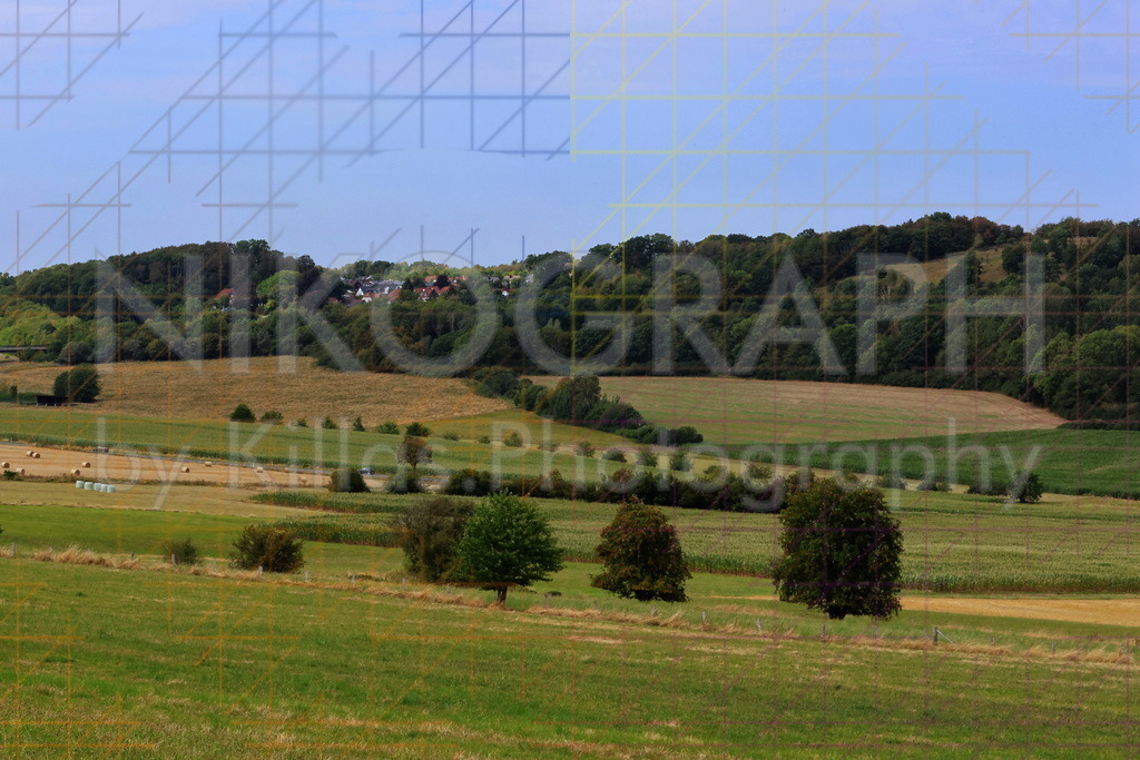 Blick über Brockhausen – Sommerliche Hügellandschaft bei Hemer | Diese Panoramaaufnahme, aufgenommen vom Brockhauser Weg in Hemer-Brockhausen, zeigt eine typische Kulturlandschaft des Märkischen Kreises im Hochsommer. Der Blick schweift über sanfte, grüne Hügel, abgeerntete Felder mit Strohballen und kleine Waldstücke. Im Hintergrund thront idyllisch Hemers Ortsteil Apricke auf einer bewaldeten Kuppe, eingebettet in die wellige Landschaft unter einem klaren blauen Himmel.Dieses Motiv verbindet regionale Verbundenheit mit allgemeiner Naturromantik und eignet sich hervorragend für:Dekoration: Als großformatiger Leinwanddruck oder Poster für alle, die die Schönheit im Sauerland festhalten möchten.Lokale Produkte: Ideal als Motiv für Wandkalender, Postkarten oder Fotobücher mit dem Thema "Unser Märkischer Kreis" oder "Schönes Hemer".Büro &amp; Praxis: Als beruhigendes Bild, das Weite und Gelassenheit ausstrahlt und sich perfekt zur Gestaltung von Wartezimmern oder Büros in der Region eignet.Die Aufnahme ist eine hochwertige Vorlage für alle Projekte, die Natur und die spezifische Schönheit des Sauerlands thematisieren.