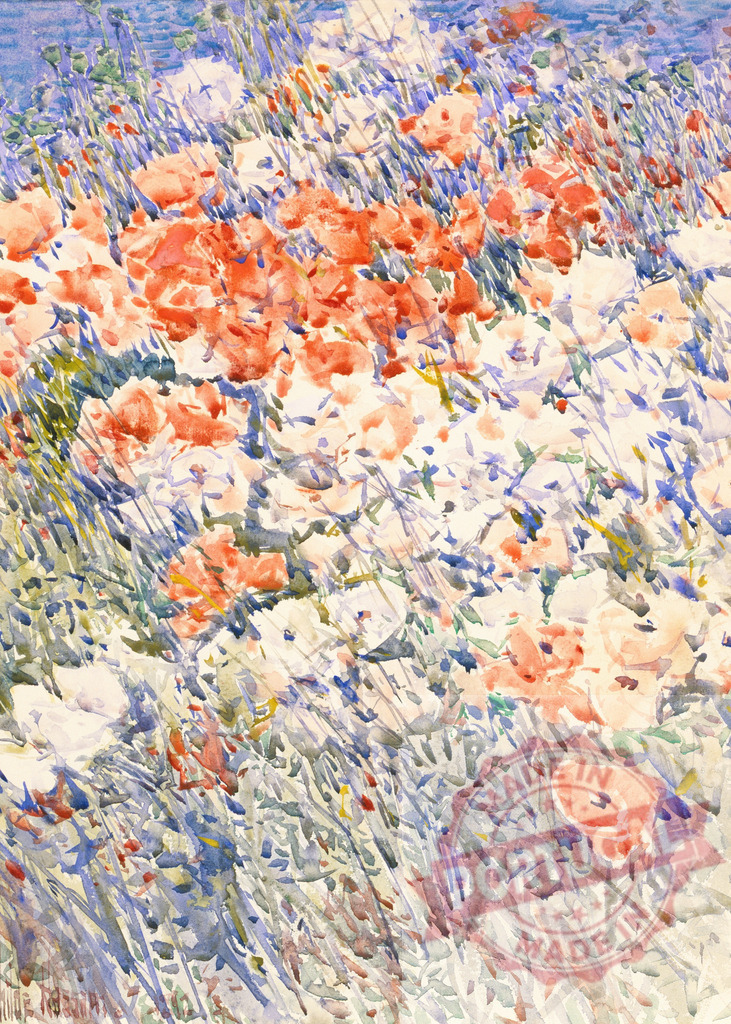 Impressionist watercolor painting depicting colorful poppies and white flowers growing in a field | Delicate watercolor painting capturing the vibrant beauty of poppies and white flowers in a field, with an impressionistic style - Realized with Pictrs.com