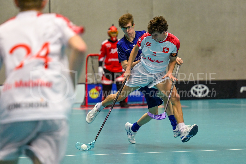 Switzerland U19 vs Finland U19 - 3. February 2024 | Switzerland U19 vs Finland U19
U19 Men International Matches in Switzerland
GoEasy Arena, Siggenthal Station
Finland forward #2 Viljami Engman chasing Switzerland defender #2 Timon Anderegg.
Credit: Markus Aeschimann | <a href="https://www.markus-aeschimann.ch">Sportfotografie Markus Aeschimann</a> | <a href="https://www.instagram.com/sportfotografie.aeschimann">@sportfotografie.aeschimann</a> - Realisiert mit Pictrs.com