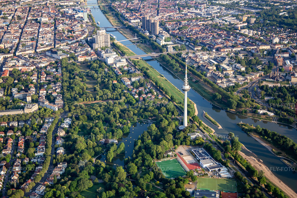 Luftbild: Fernmeldeturm und Kutzerweiher im Luisenpark am Neckarufer im Ortsteil Oststadt in Mannheim im Bundesland Baden-Württemberg in Deutschland. Foto: IMG_136890.jpg vom 24.06.2023 durch Werner Riehm/FLY-FOTO.de