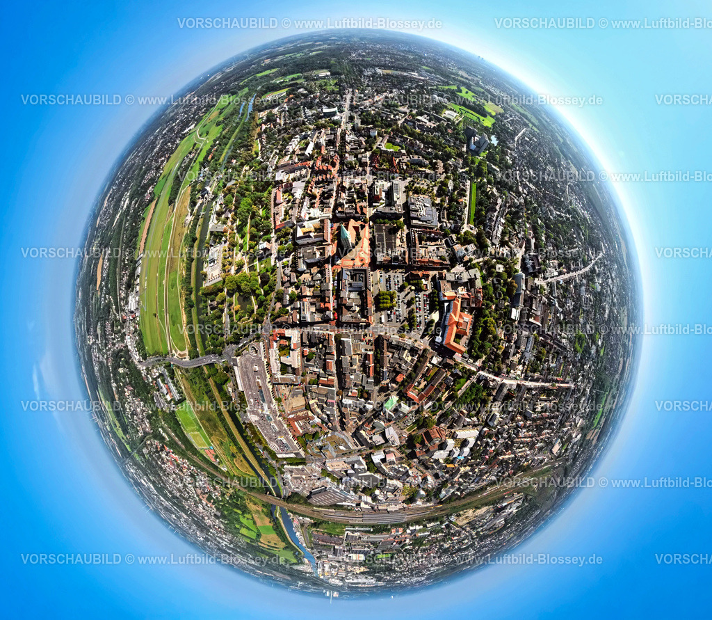 Hamm250808905Mitte_Pauluskirche_Oststrasse | Luftbild, City Innenstadt Oststraße mit evang. Pauluskirche, Lippeaue Erlebensraum am Datteln-Hamm-Kanal und Fluss Lippe, Erdkugel, Fisheye Aufnahme, Fischaugen Aufnahme, 360 Grad Aufnahme, tiny world, little planet, fisheye Bild, Mitte, Hamm, Ruhrgebiet, Nordrhein-Westfalen, Deutschland