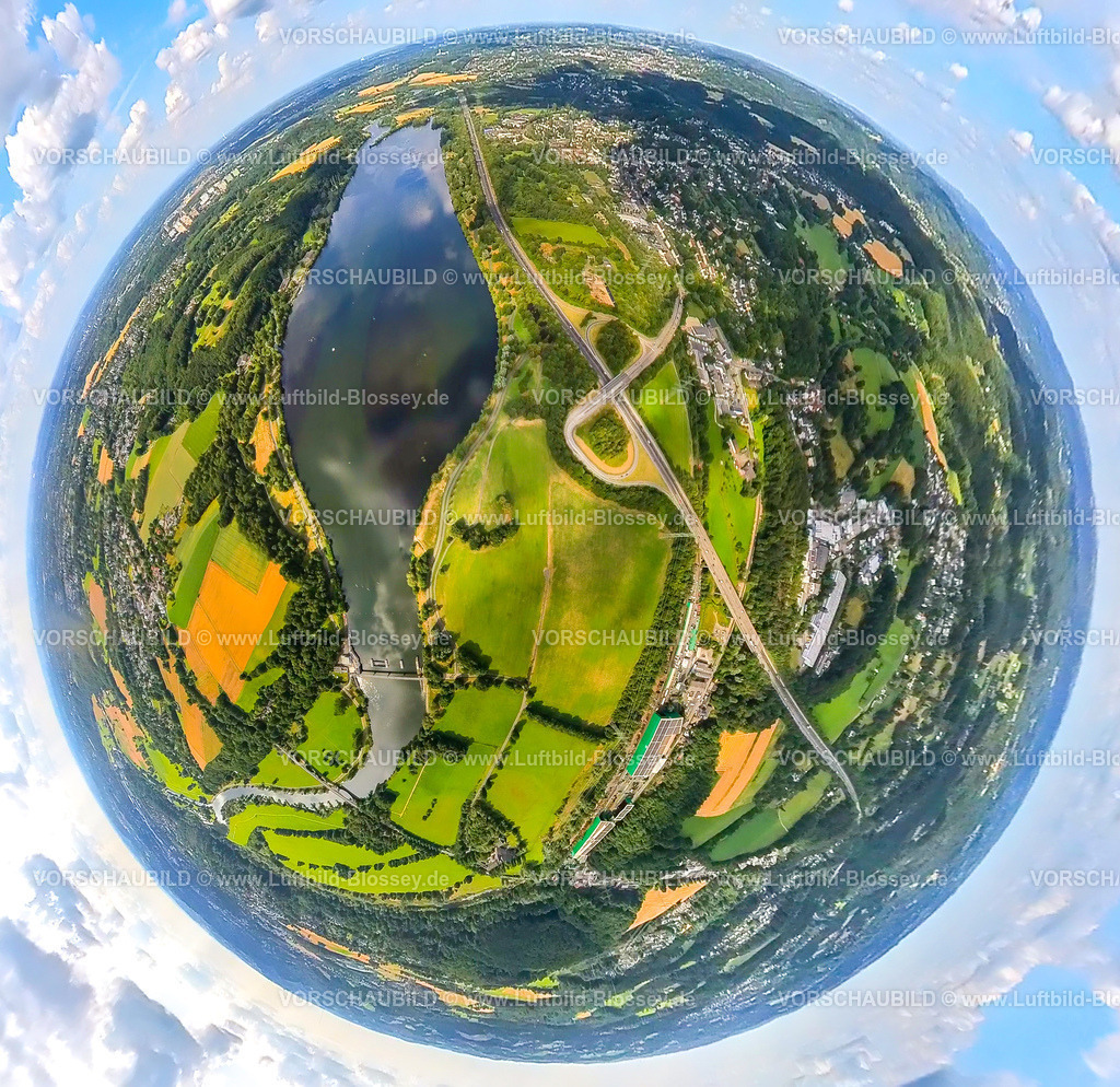 Witten230790047_Herbede_KemnaderSee | Luftbild, Autobahn A43 Anschlussstelle Witten-Herbede, Kemnader See, Wittener Straße, Bötzel Rohstoffe GmbH, Erdkugel, Fisheye Aufnahme, Fischaugen Aufnahme, 360 Grad Aufnahme, tiny world, Westherbede, Witten, Ruhrgebiet, Nordrhein-Westfalen, Deutschland