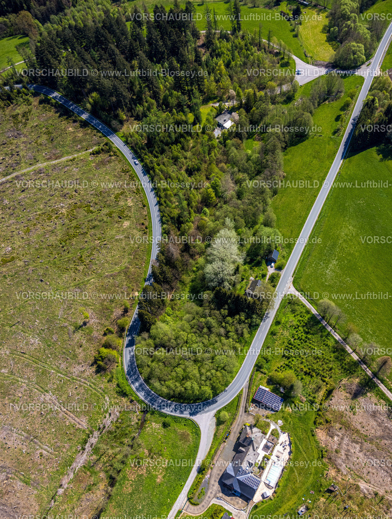 Bestwig230501280 | Luftbild, Waldgebiet mit Waldschäden nördlich von Nuttlar, Altes Forsthaus Am Roh an der Landesstraße L776, Evenkopfhütte-SGV Hütte Nuttlar im Waldstück, Bestwig, Sauerland, Nordrhein-Westfalen, Deutschland