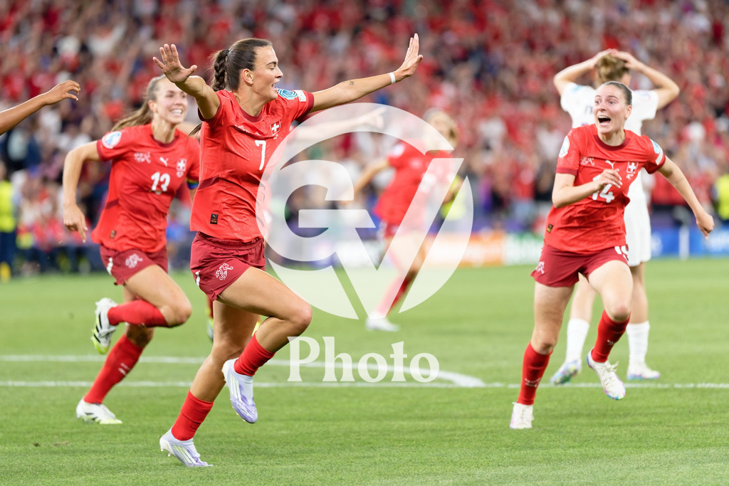 Finland v Switzerland: UEFA Women's EURO 2025 Group A | GENEVA, SWITZERLAND - JULY 10: Riola Xhemaili of Switzerland celebrates after scoring her team's first goal  during the UEFA Women's EURO 2025 Group A match between Finland and Switzerland at Stade de Geneve on July 10, 2025 in Geneva, Switzerland. (Photo by Giuseppe Velletri/Sports Press Photo/Getty Images)