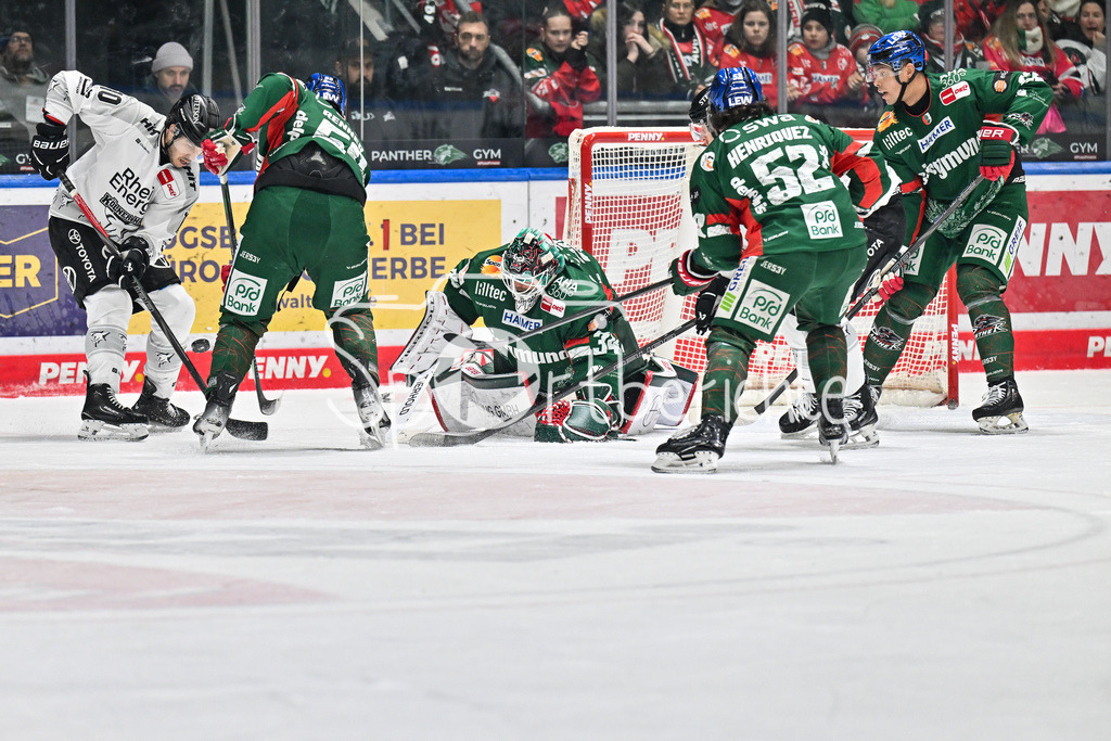 Augsburger Panther - Kölner Haie | AUGSBURG, GERMANY - 11. JANUARY: Tanner KERO (Kölner Haie 10) im Duell mit Maximilian RENNER (Augsburger Panther 58) - Michael GARTEIG (Augsburger Panther 34 kann den Puck festhalten während dem Match zwischen den Augsburger Panthern und den Kölner Haien am 39. Spieltag der penny DEL im Curt Frenzel Stadion