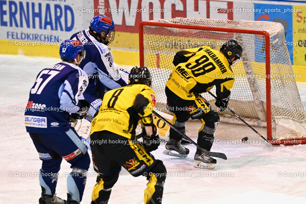 ESC Steindorf vs. EC Hornets Spittal 20.2.2024 | Tor EC Hornets Spittal, #98 Thalhammer Dominic EC Hornets Spittal, #21 Steiner Moritz ESC Steindorf, #57 Wilfan Franz ESC Steindorf, #8 Komar Luca EC Hornets Spittal, ESC Steindorf vs. EC Hornets Spittal 20.2.2024, ESC Steindorf vs. EC Hornets Spittal 20.2.2024 am 20.02.2024 in Steindorf (Ossiachersee Halle), Austria, (Photo by Bernd Stefan)
