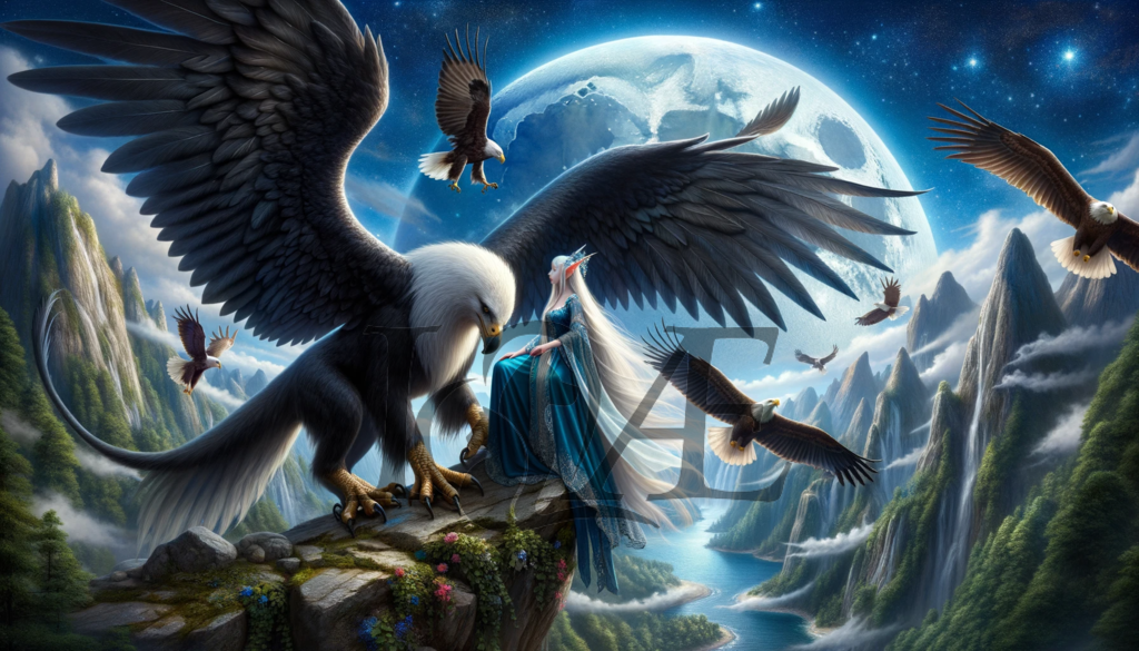 DALL_E 2023-10-06 15.45.46 - Ultra-realistic depiction of the elven maiden and the black griffin on a cliff_ with the blue moon illuminating the landscape. Multiple eagles_ with t | psy4fly - Realisiert mit Pictrs.com