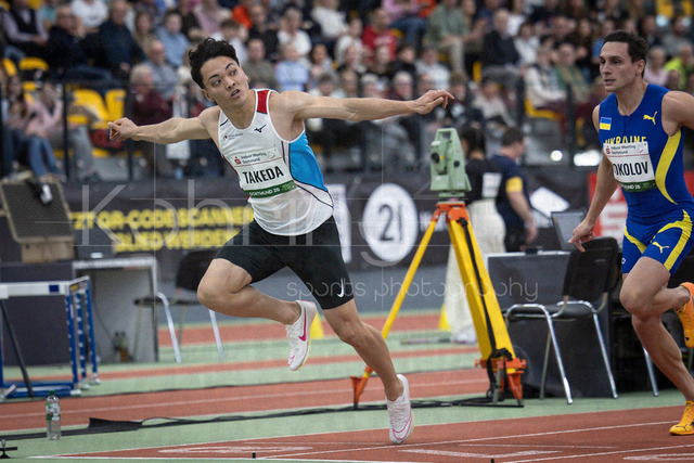 Indoor Meeting Dortmund, 08.02.2026 | DORTMUND, GERMANY - FEBRUARY 8:  60m half final, Ippei Takeda (Japan) flying over the finish line during the Indoor Meeting Dortmund at the Helmut-Koernig-Halle on February 8, 2026 in Dortmund, Germany. (Photo by Axel Kohring/Beautiful Sports Int.)