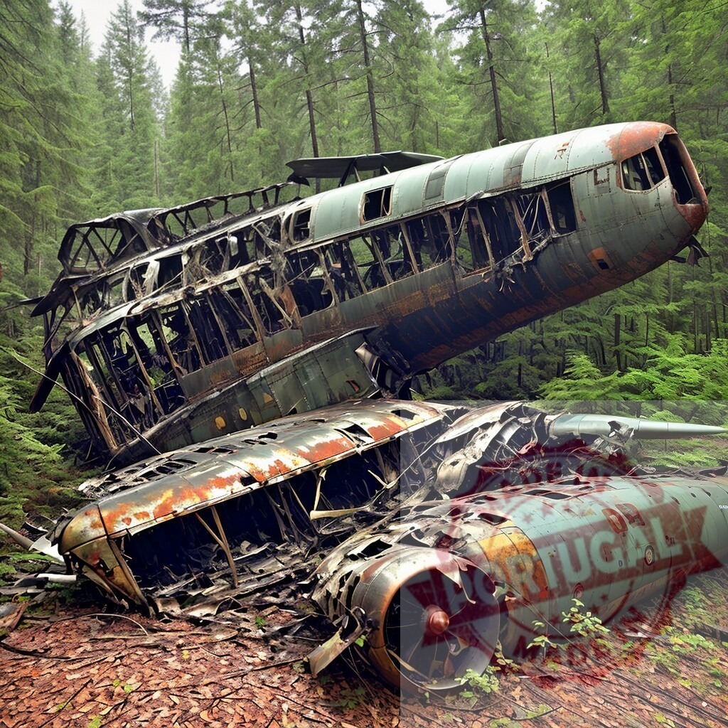 Abandoned plane wreckage decaying in deep forest. AI Experiments | Airplane crash site showing fuselage parts heavily rusted amidst green trees - Realized with Pictrs.com
