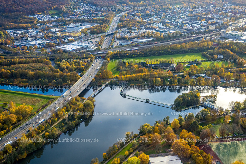 Hagen251102892 | Luftbild, Kraftwerk Stiftsmühle am Fluss Ruhr, Volmebrücke und Volmemündung, Autobahn A1 und Radwegbrücke, Vorhalle, Hagen, Ruhrgebiet, Nordrhein-Westfalen, Deutschland