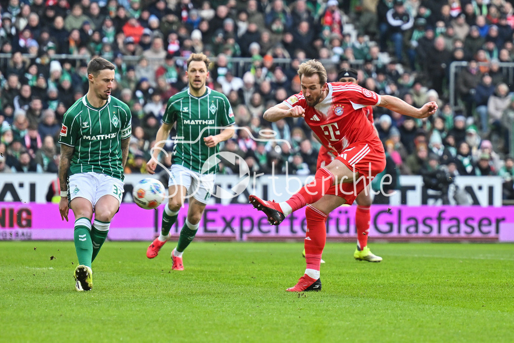 SV Werder Bremen - FC Bayern München | BREMEN, GERMANY - 14. FEBRUARY: in dieser Szene blockt Marco FRIEDL (SV Werder Bremen 32) einen Schuss von Harry KANE (FC Bayern Munich 9) / Torschuss während dem Bundesligamatch zwischen dem SV Werder Bremen und dem FC Bayern München am 22. Spieltag im Weserstadion / DFL REGULATIONS PROHIBIT ANY USE OF PHOTOGRAPHS AS IMAGE SEQUENCES AND/OR QUASI-VIDEO