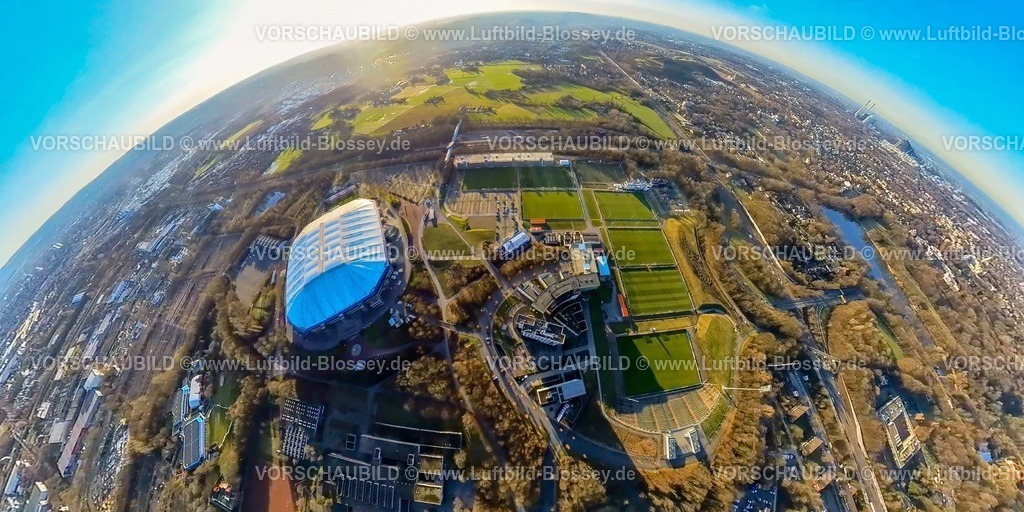 Gelsenkirchen240190235Schalke | Luftbild, Bundesligastadion Veltins-Arena des FC Schalke 04, auch Arena AufSchalke Fußballstadion, geschlossenes Dach, Berger Feld mit Trainingsplätzen und Hotelanlagen, Erdkugel, Fisheye Aufnahme, Fischaugen Aufnahme, 360 Grad Aufnahme, tiny world, little planet, fisheye Bild, Erle, Gelsenkirchen, Ruhrgebiet, Nordrhein-Westfalen, Deutschland