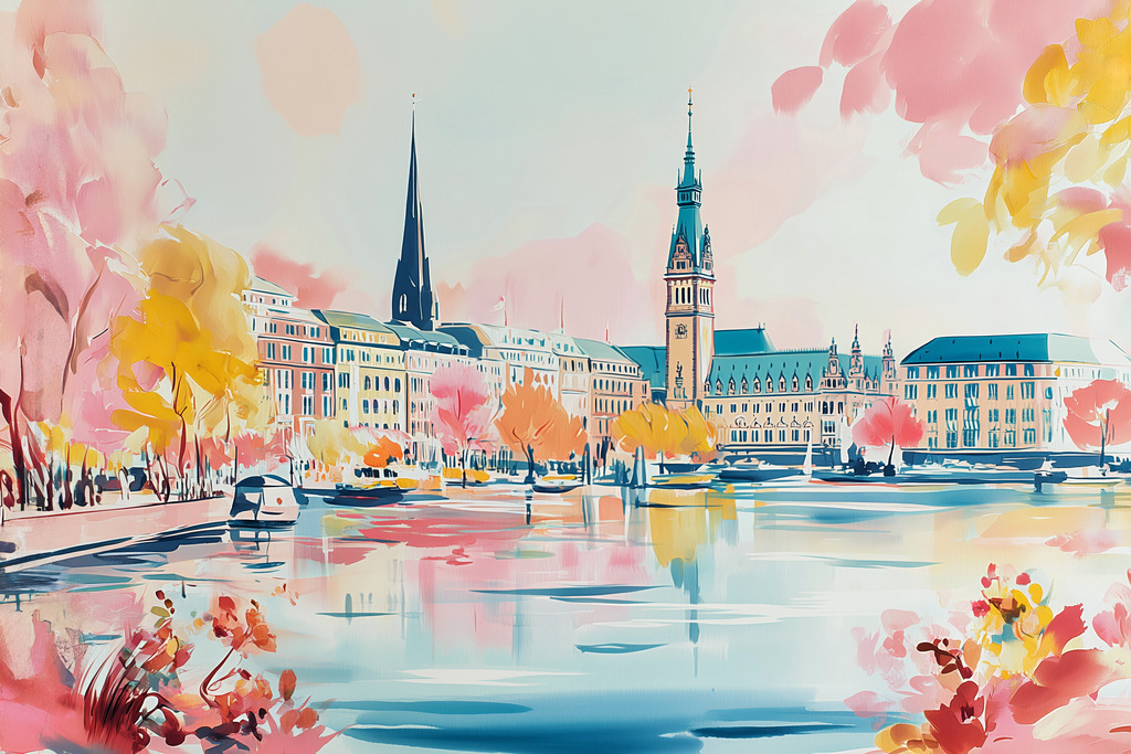 2605012 - Binnenalster im Frühling | Blick über Hamburgs Binnenalster in frühlingshaften Farben und im Stil eines Aquarellgemäldes.