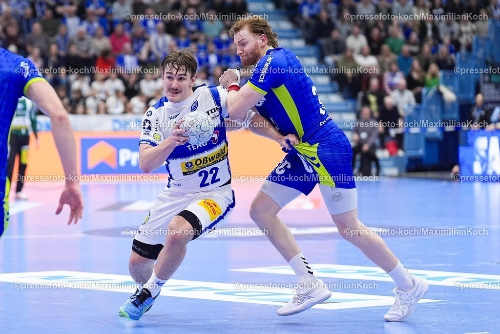 xYDRx19022601035 | 19.02.2026, xydrx, Handball, 1.HBL, VfL Gummersbach - ThSV Eisenach, Schwalbe-Arena: Felix Aellen (ThSV Eisenach #22) im Zweikampf gegen Tom Kiesler (VfL Gummersbach #30)  Photo: xYannisxDreimannxPressefotoKochx