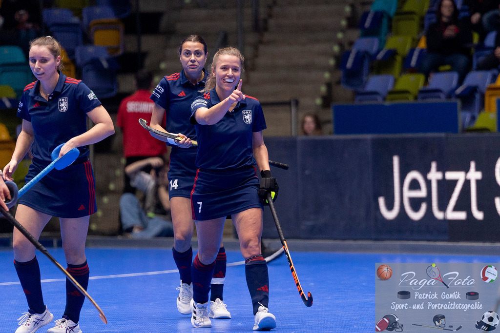 Volvo E.R.B. Final 4 Halbfinale Frauen: Mannheimer HC - Düsseldorfer HC, 25.01.2025 | Mabel Brands (Düsseldorfer HC #7) feiert ihr Tor, einen Treffer, Mannheimer HC - Düsseldorfer HC, Frankfurt, Süwag Arena, 25.1.2025 - Realisiert mit Pictrs.com